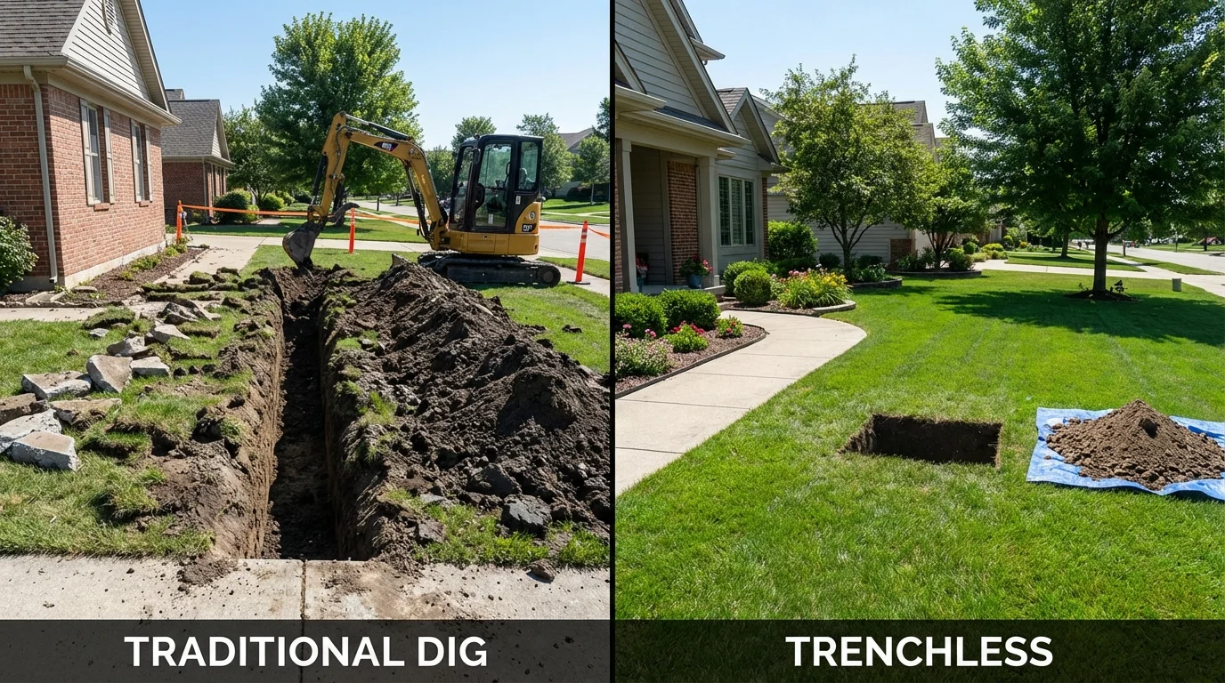 Trenchless sewer repair with minimal yard damage versus traditional excavation in Caledonia, NY