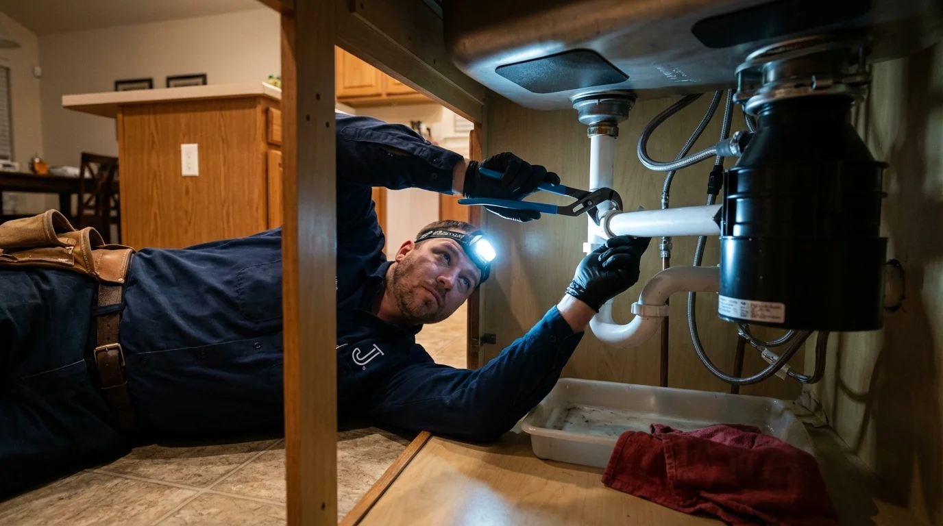 P-trap and supply line connections under a kitchen sink showing a common leak point in Caledonia, NY